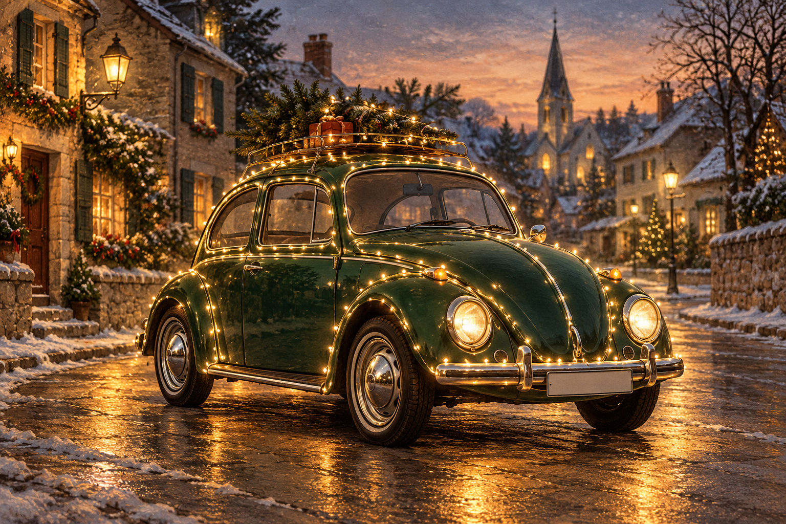 Voiture ancienne vert sombre illuminée de guirlandes dorées, entièrement visible